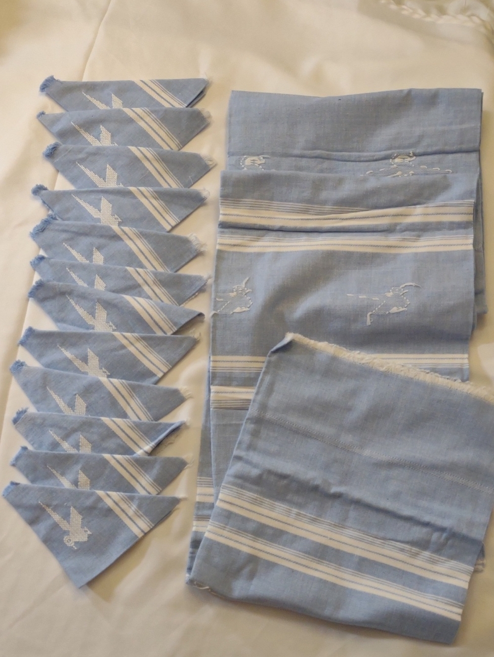 Vintage Hand Woven/Embroidered Lt. Blue Striped Napkin & Table Cloth/Runner Set